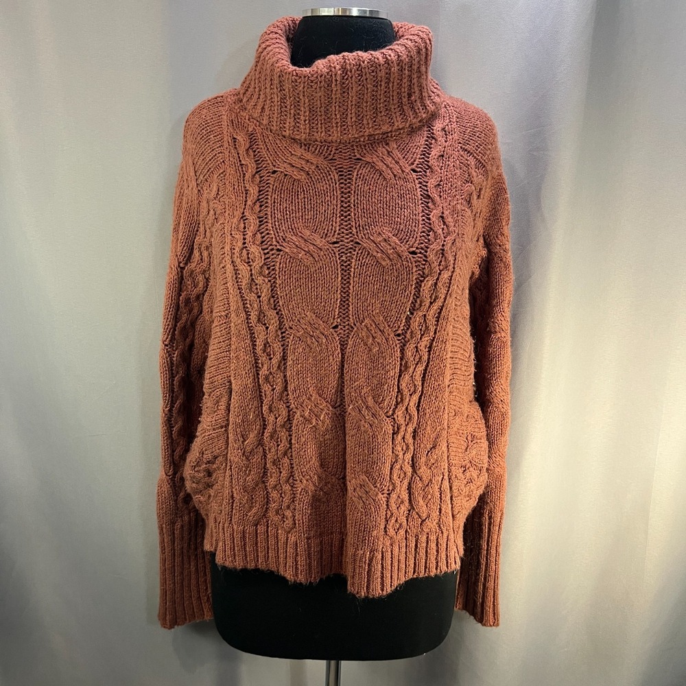 Express Sweater Womens Small Rust Cotton Cable Knit Side Zippers Turtle Neck